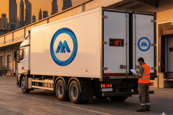 Temperature-controlled chiller truck delivering food safely in Dubai with digital temperature display