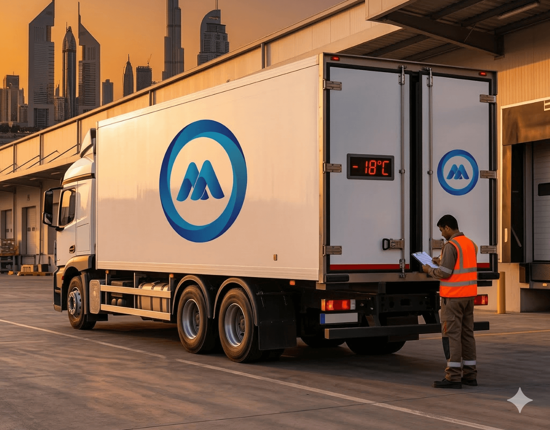 Temperature-controlled chiller truck delivering food safely in Dubai with digital temperature display