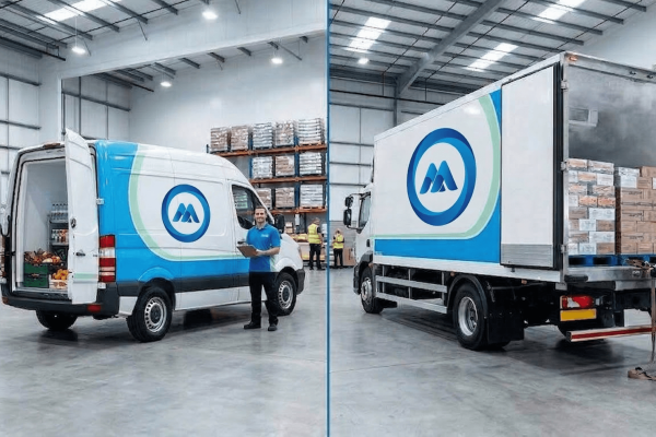 Side-by-side comparison of a white chiller van and a larger freezer truck parked at a loading dock in Dubai