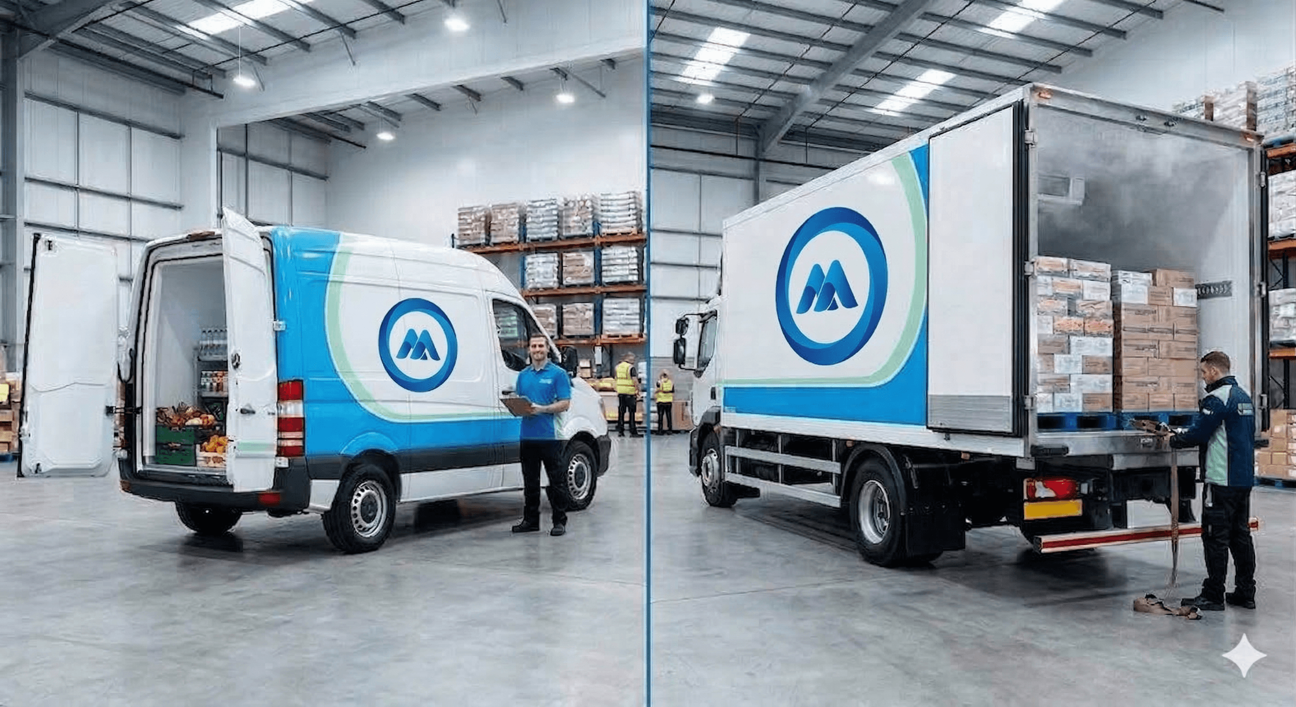 Side-by-side comparison of a white chiller van and a larger freezer truck parked at a loading dock in Dubai