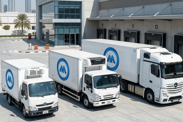 Row of chiller trucks and vans of different sizes parked at a logistics facility in Dubai
