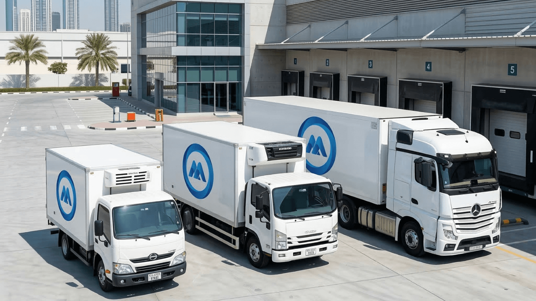 Row of chiller trucks and vans of different sizes parked at a logistics facility in Dubai