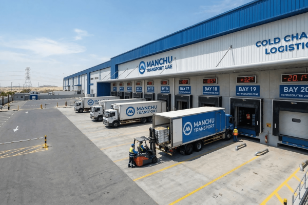 Refrigerated chiller trucks lined up at a cold storage warehouse in Dubai for cold chain logistics operations