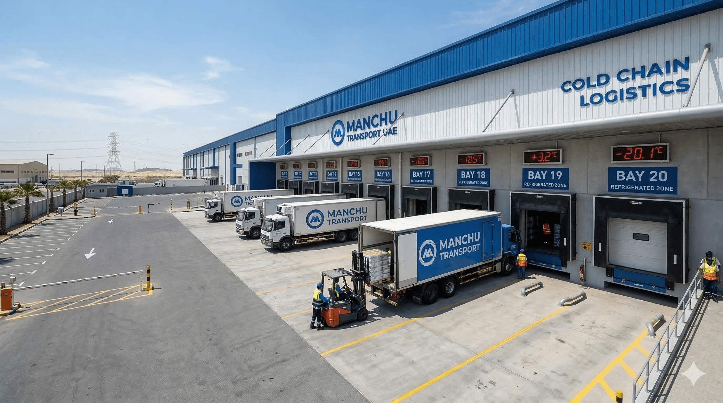 Refrigerated chiller trucks lined up at a cold storage warehouse in Dubai for cold chain logistics operations