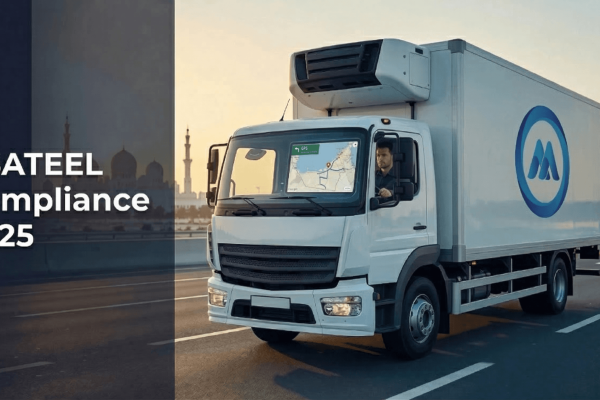 ASATEEL GPS tracking device installed on a chiller truck dashboard in Abu Dhabi