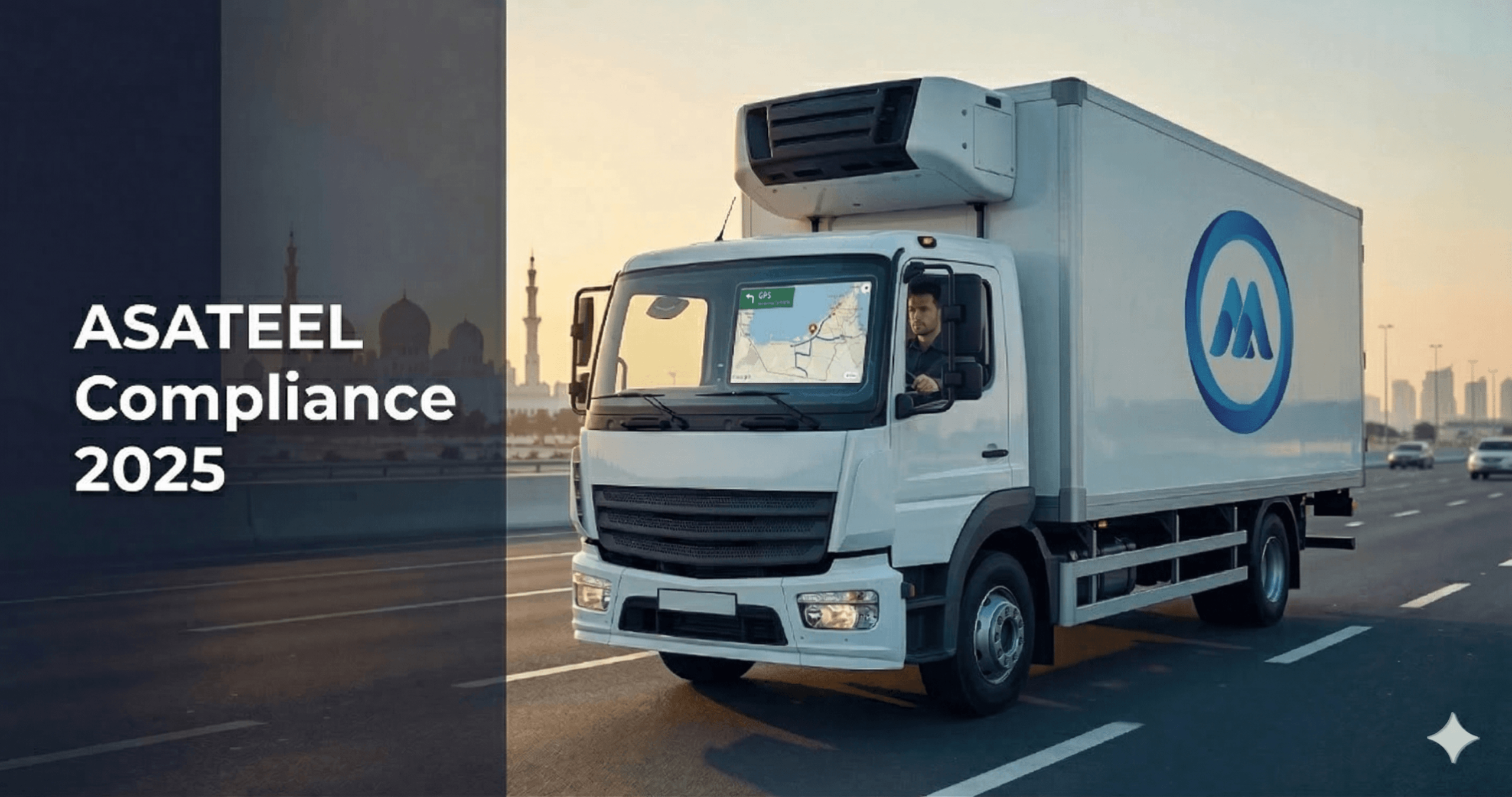 ASATEEL GPS tracking device installed on a chiller truck dashboard in Abu Dhabi