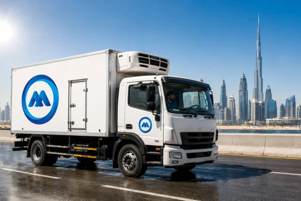 Chiller truck operating in Dubai summer heat with temperature monitoring display showing extreme ambient conditions