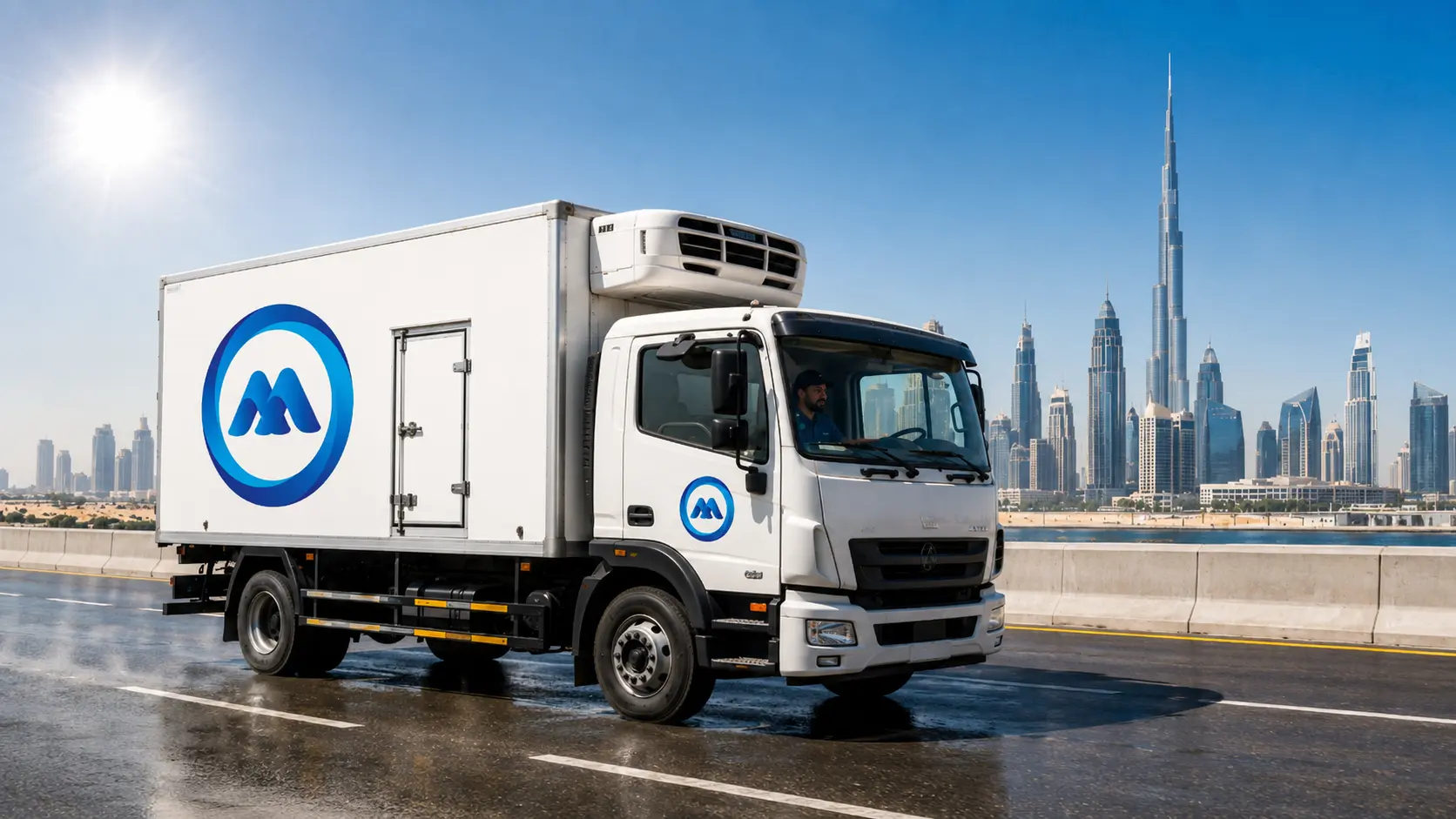 Chiller truck operating in Dubai summer heat with temperature monitoring display showing extreme ambient conditions