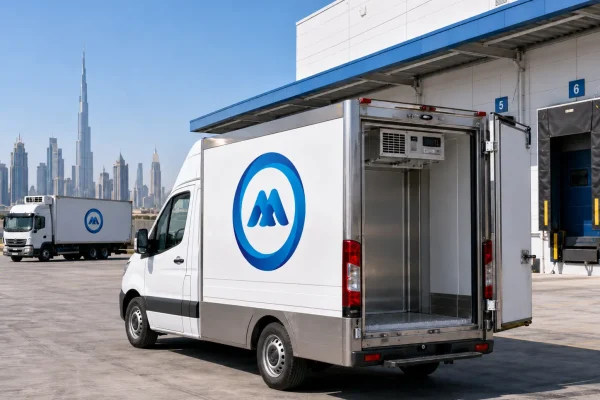 Side-by-side comparison of a chiller van on a daily hire and a monthly contract at a Dubai logistics facility