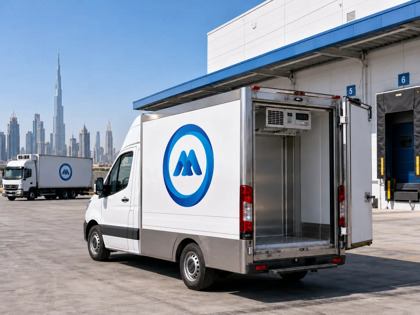 Side-by-side comparison of a chiller van on a daily hire and a monthly contract at a Dubai logistics facility