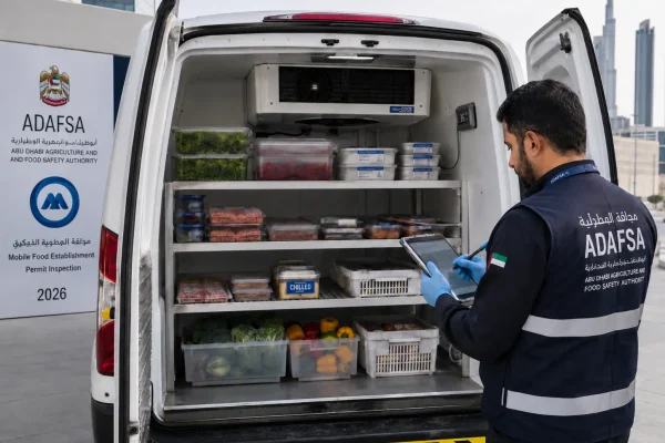 ADAFSA food safety inspector examining the refrigerated cargo hold of a chiller van during a Mobile Food Establishment Permit inspection in Abu Dhabi 2026
