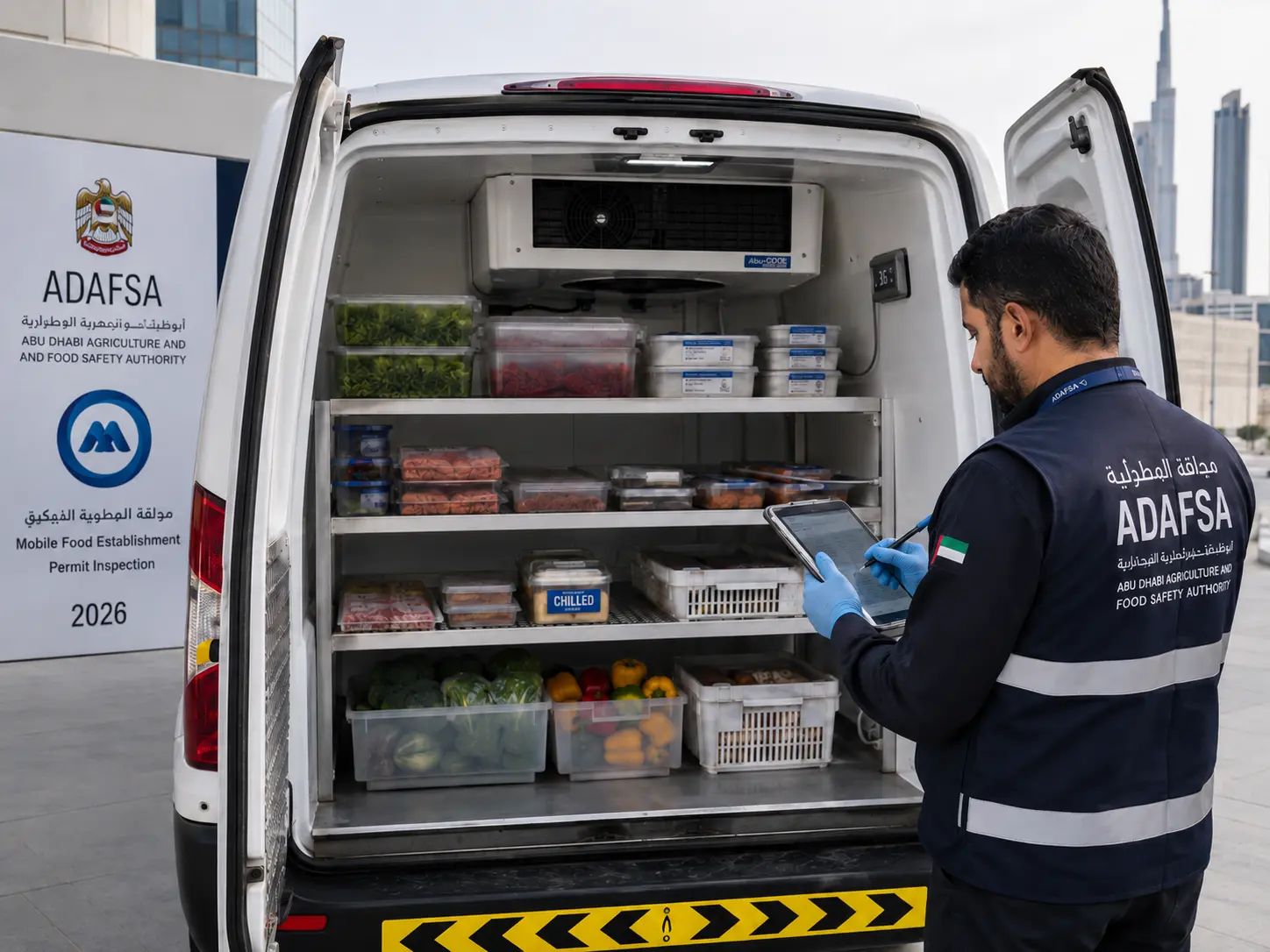 ADAFSA food safety inspector examining the refrigerated cargo hold of a chiller van during a Mobile Food Establishment Permit inspection in Abu Dhabi 2026
