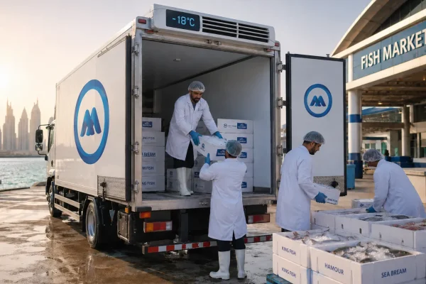 Refrigerated chiller truck unloading fresh seafood crates at Dubai Fish Market with temperature monitoring equipment visible, UAE cold chain logistics 2026