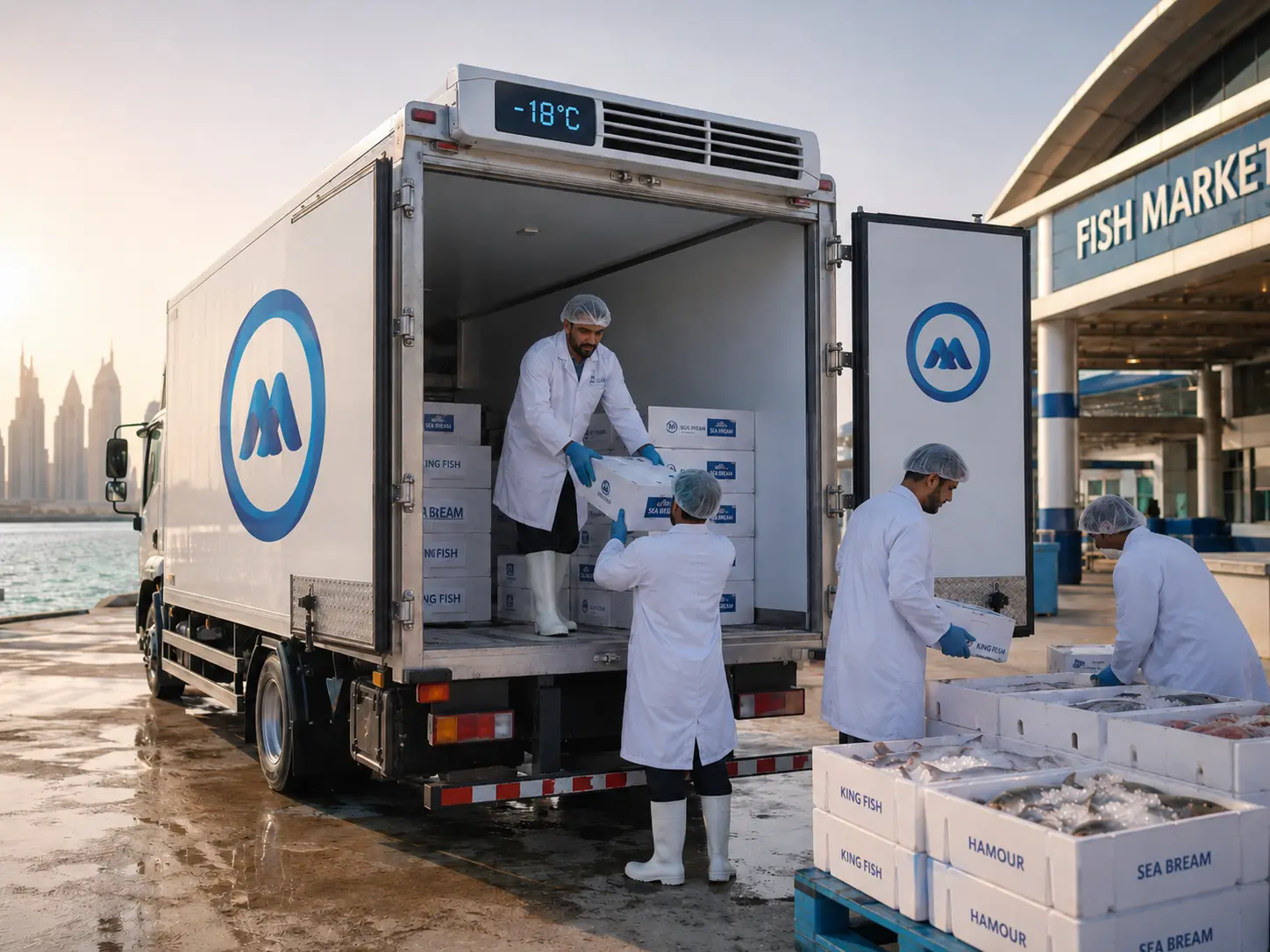 Refrigerated chiller truck unloading fresh seafood crates at Dubai Fish Market with temperature monitoring equipment visible, UAE cold chain logistics 2026