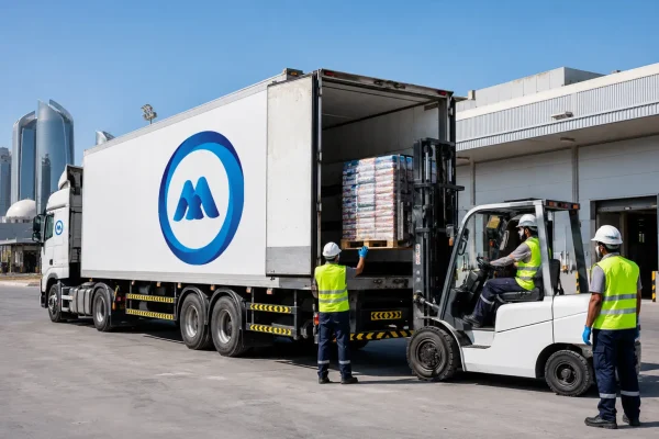Heavy-duty freezer truck being loaded with frozen cargo at an industrial cold chain facility in Abu Dhabi
