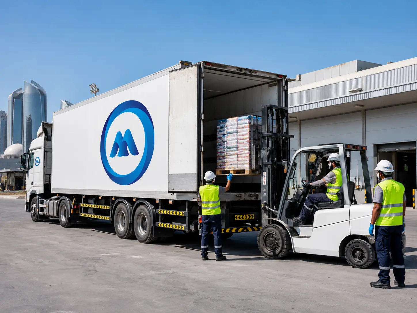 Heavy-duty freezer truck being loaded with frozen cargo at an industrial cold chain facility in Abu Dhabi