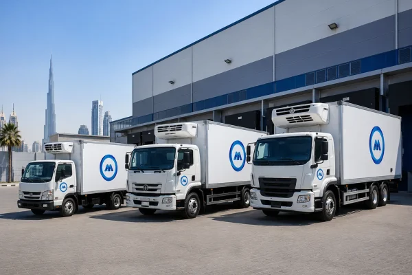 Three refrigerated trucks of different sizes parked at a UAE logistics warehouse for fleet comparison