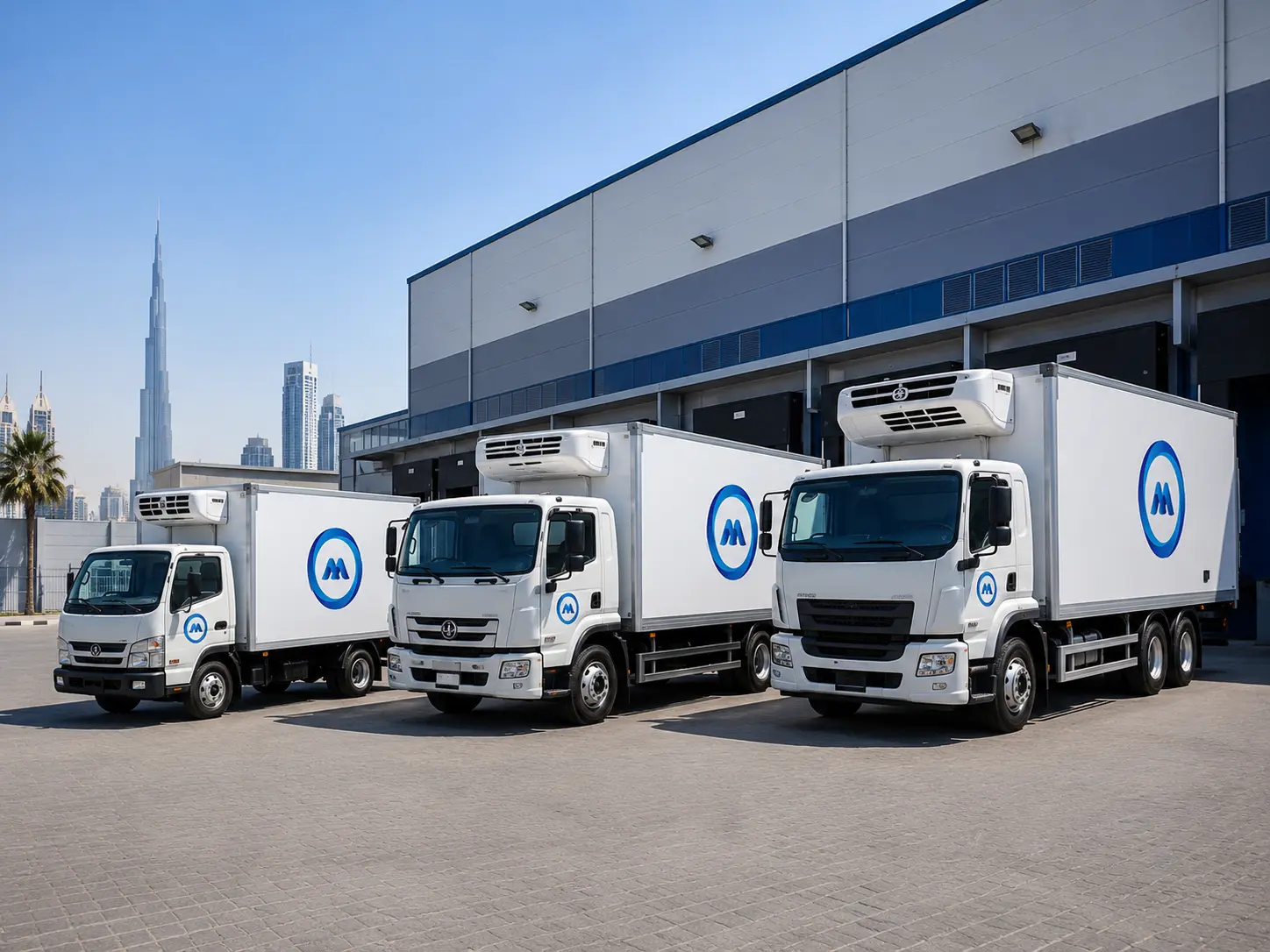 Three refrigerated trucks of different sizes parked at a UAE logistics warehouse for fleet comparison