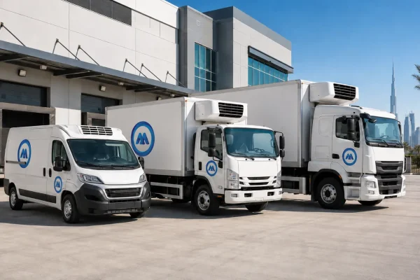 Chiller truck and refrigerated vans parked at a logistics facility in Dubai with price rate guide overlay