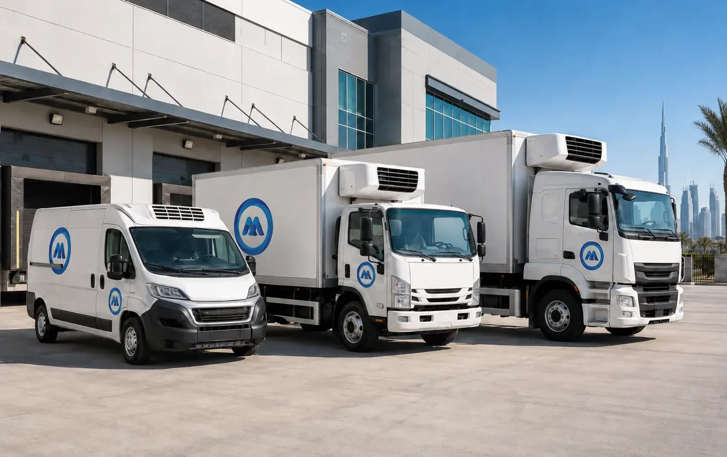 Chiller truck and refrigerated vans parked at a logistics facility in Dubai with price rate guide overlay