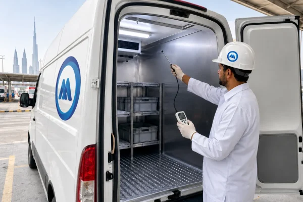 Dubai Municipality food transport vehicle permit inspection checklist with chiller van at authorized testing centre in Dubai 2026