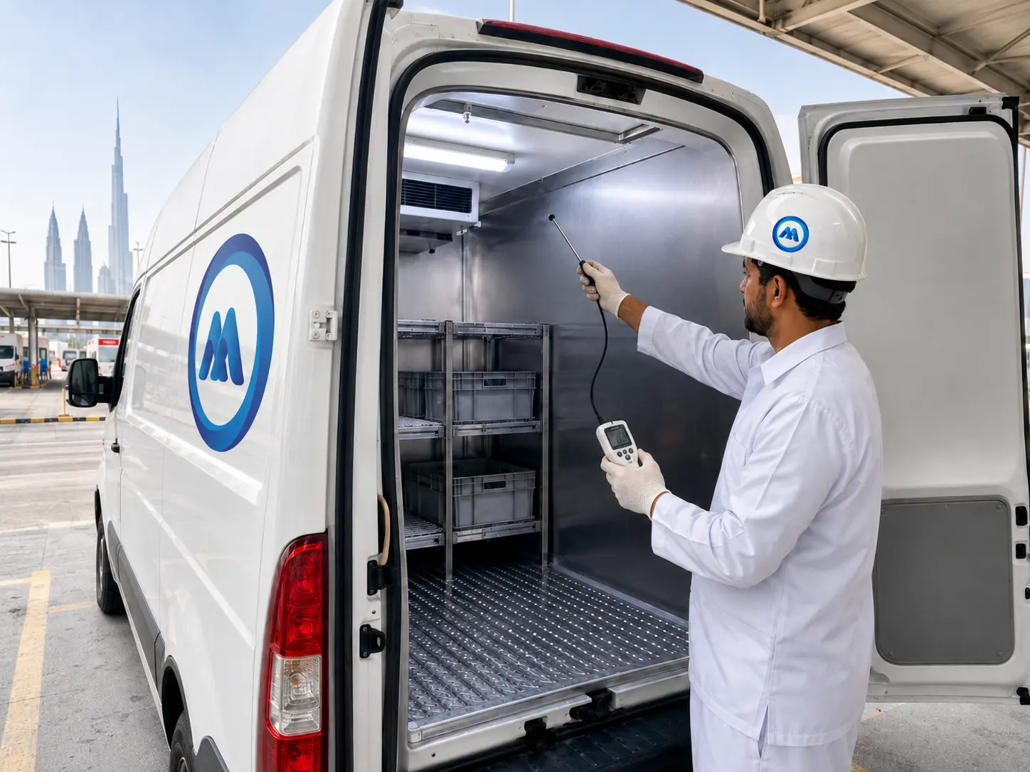 Dubai Municipality food transport vehicle permit inspection checklist with chiller van at authorized testing centre in Dubai 2026