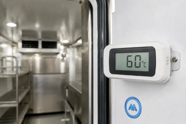 Digital thermometer display showing 60 degrees Celsius hot holding temperature inside a food delivery vehicle in Dubai