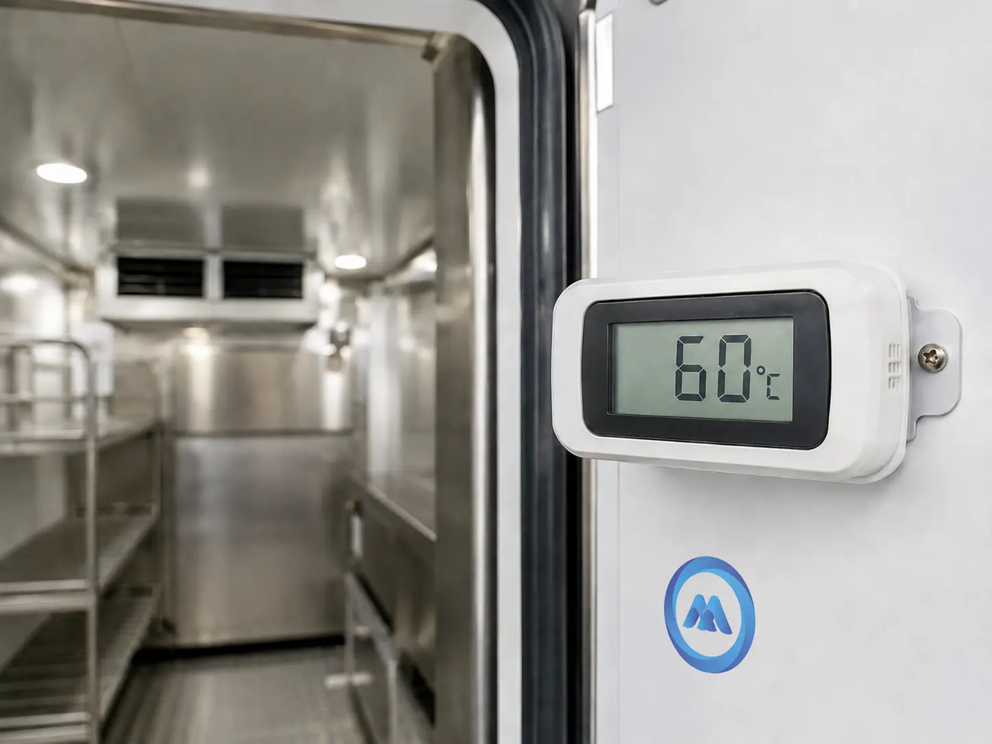 Digital thermometer display showing 60 degrees Celsius hot holding temperature inside a food delivery vehicle in Dubai