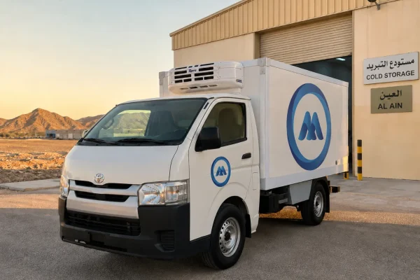 Freezer van parked outside Al Ain Industrial Area facility with refrigeration unit running, ADAFSA certified vehicle