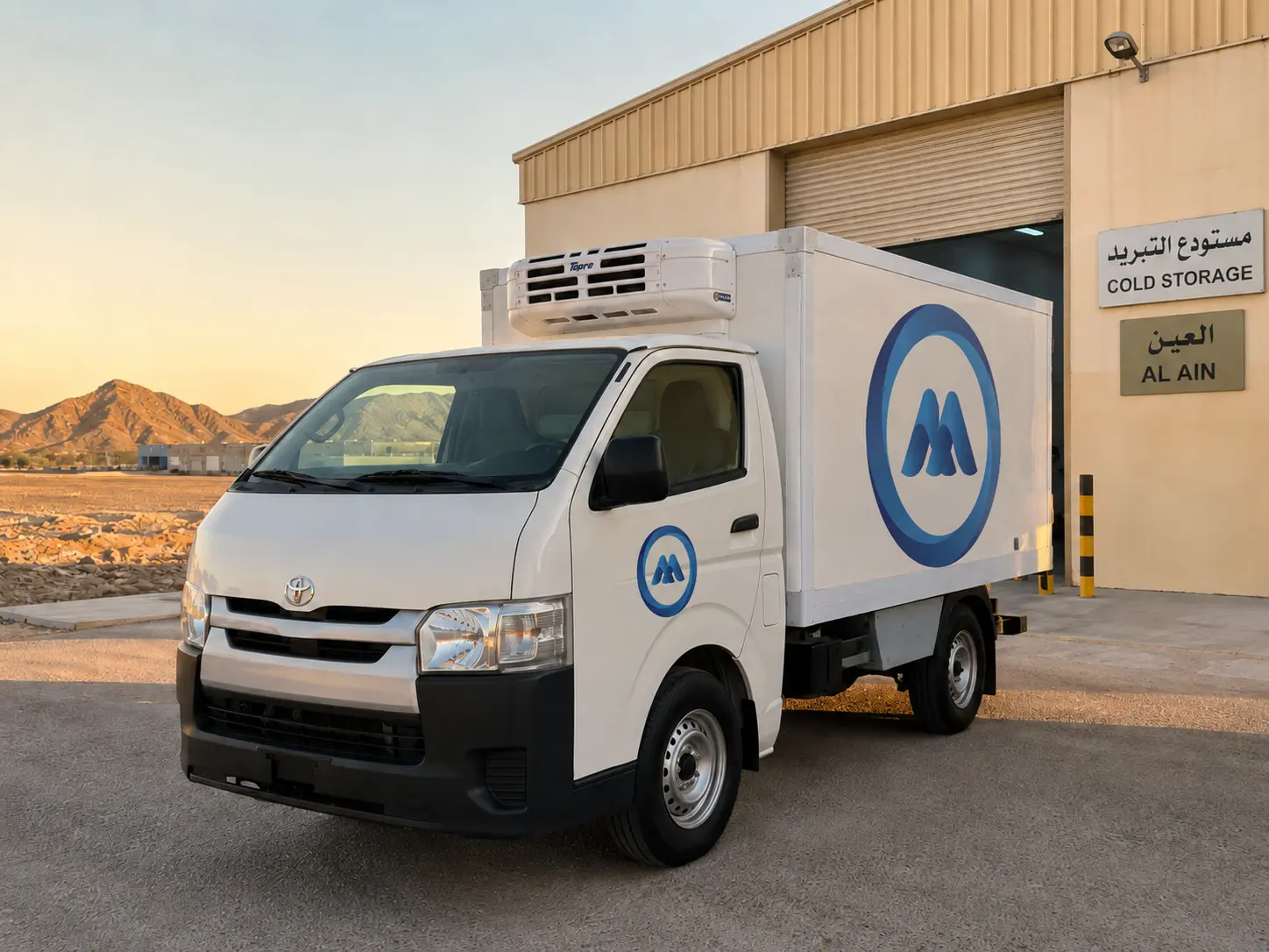 Freezer van parked outside Al Ain Industrial Area facility with refrigeration unit running, ADAFSA certified vehicle