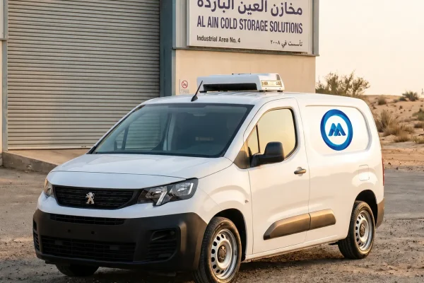 Freezer van parked outside Al Ain Industrial Area facility with refrigeration unit running, ADAFSA certified vehicle