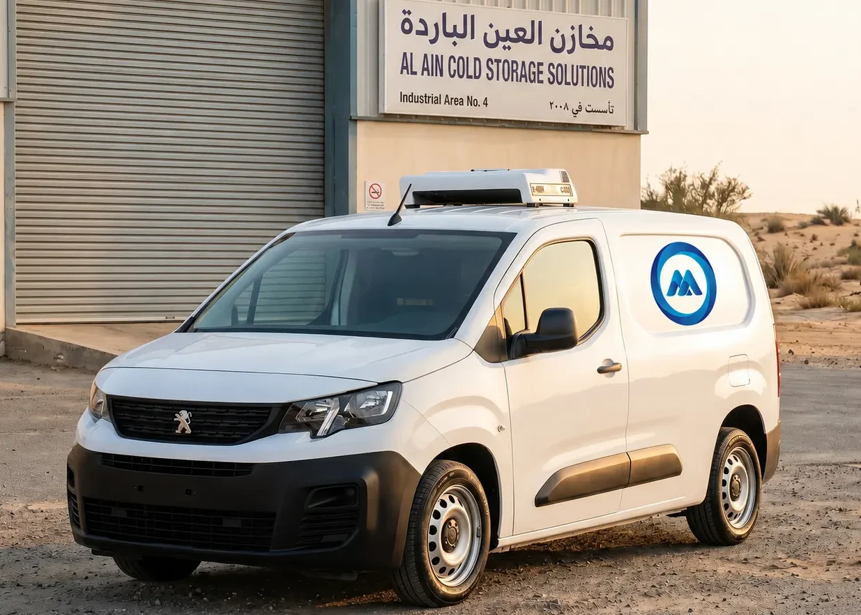 Freezer van parked outside Al Ain Industrial Area facility with refrigeration unit running, ADAFSA certified vehicle