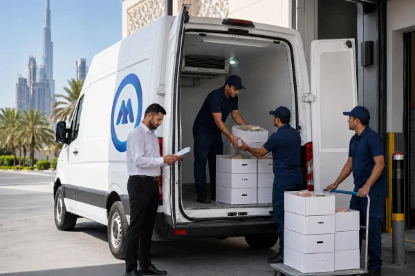 White chiller van in Dubai loading chilled food boxes with a professional driver beside the vehicle