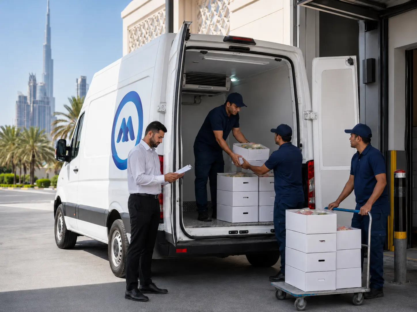 White chiller van in Dubai loading chilled food boxes with a professional driver beside the vehicle