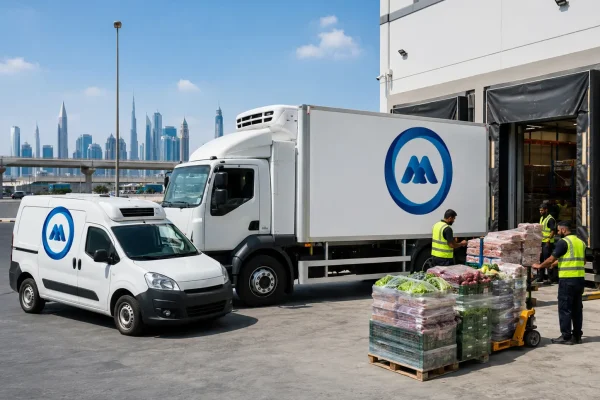 Refrigerated chiller truck on the Dubai to Abu Dhabi highway carrying temperature-controlled cargo