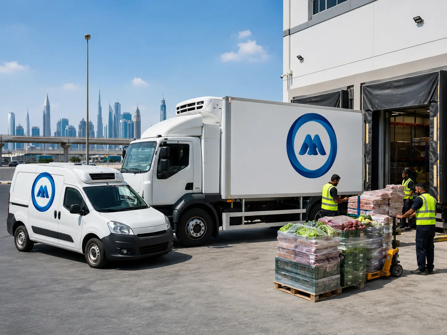 Refrigerated chiller truck on the Dubai to Abu Dhabi highway carrying temperature-controlled cargo