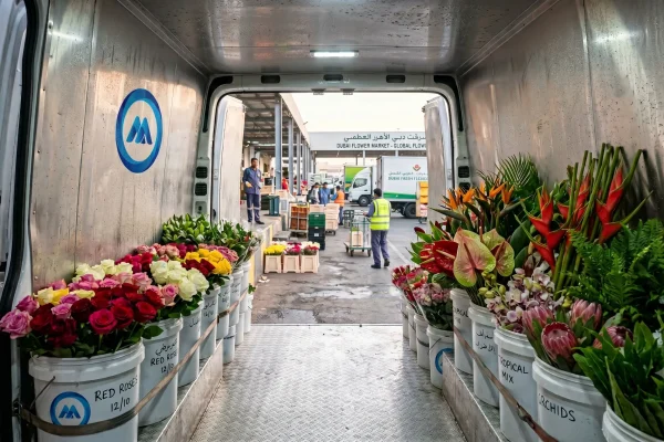 Fresh cut roses and tropical flowers stacked in buckets inside a temperature-controlled chiller van interior in Dubai