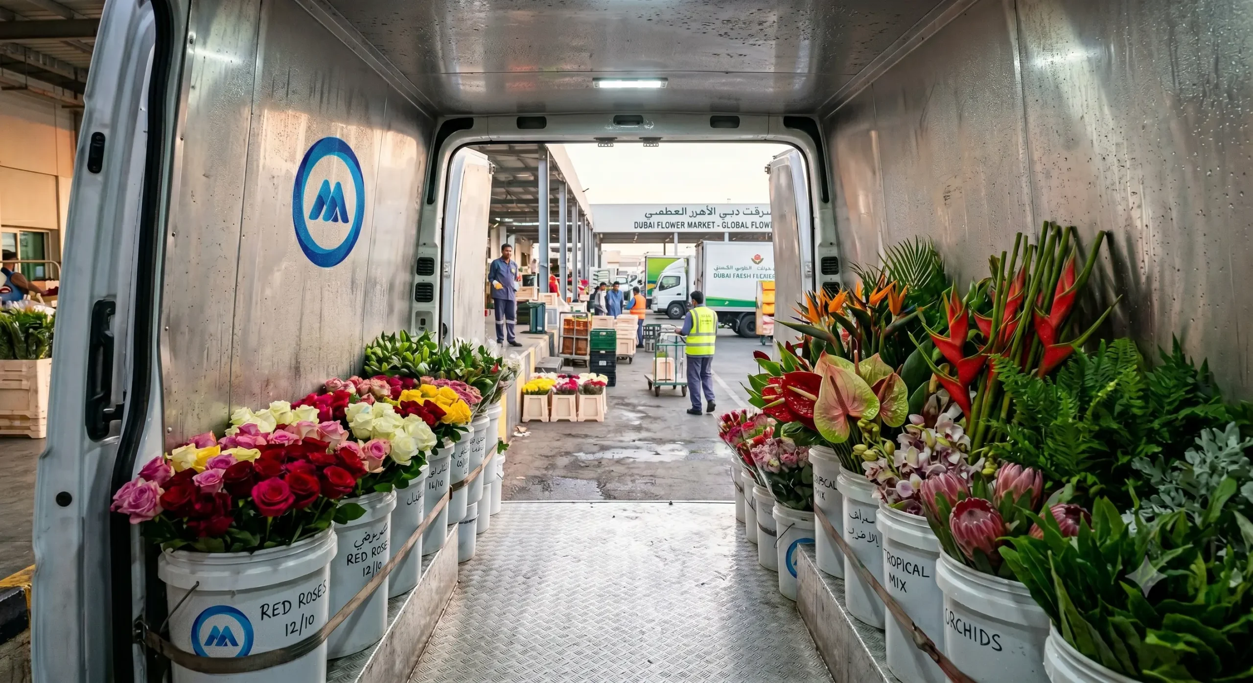 Fresh cut roses and tropical flowers stacked in buckets inside a temperature-controlled chiller van interior in Dubai