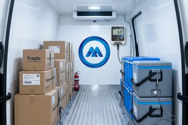 Pharmaceutical boxes and vaccine vials stacked inside a temperature-monitored refrigerated van with a digital data logger display in Dubai