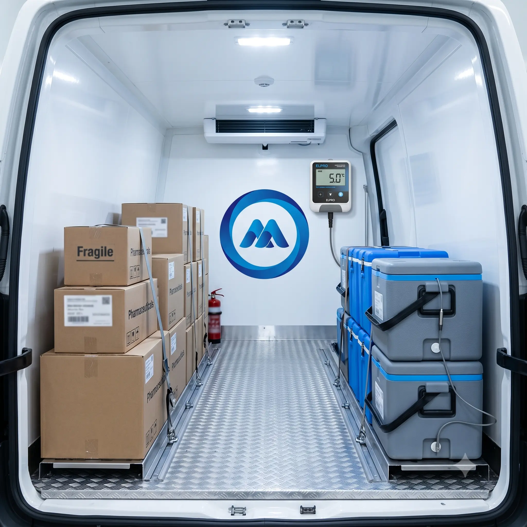 Pharmaceutical boxes and vaccine vials stacked inside a temperature-monitored refrigerated van with a digital data logger display in Dubai