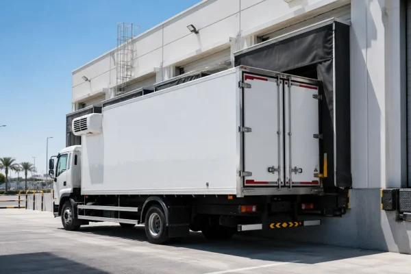 White refrigerated chiller truck parked at a cold storage warehouse loading dock in KIZAD industrial zone Abu Dhabi