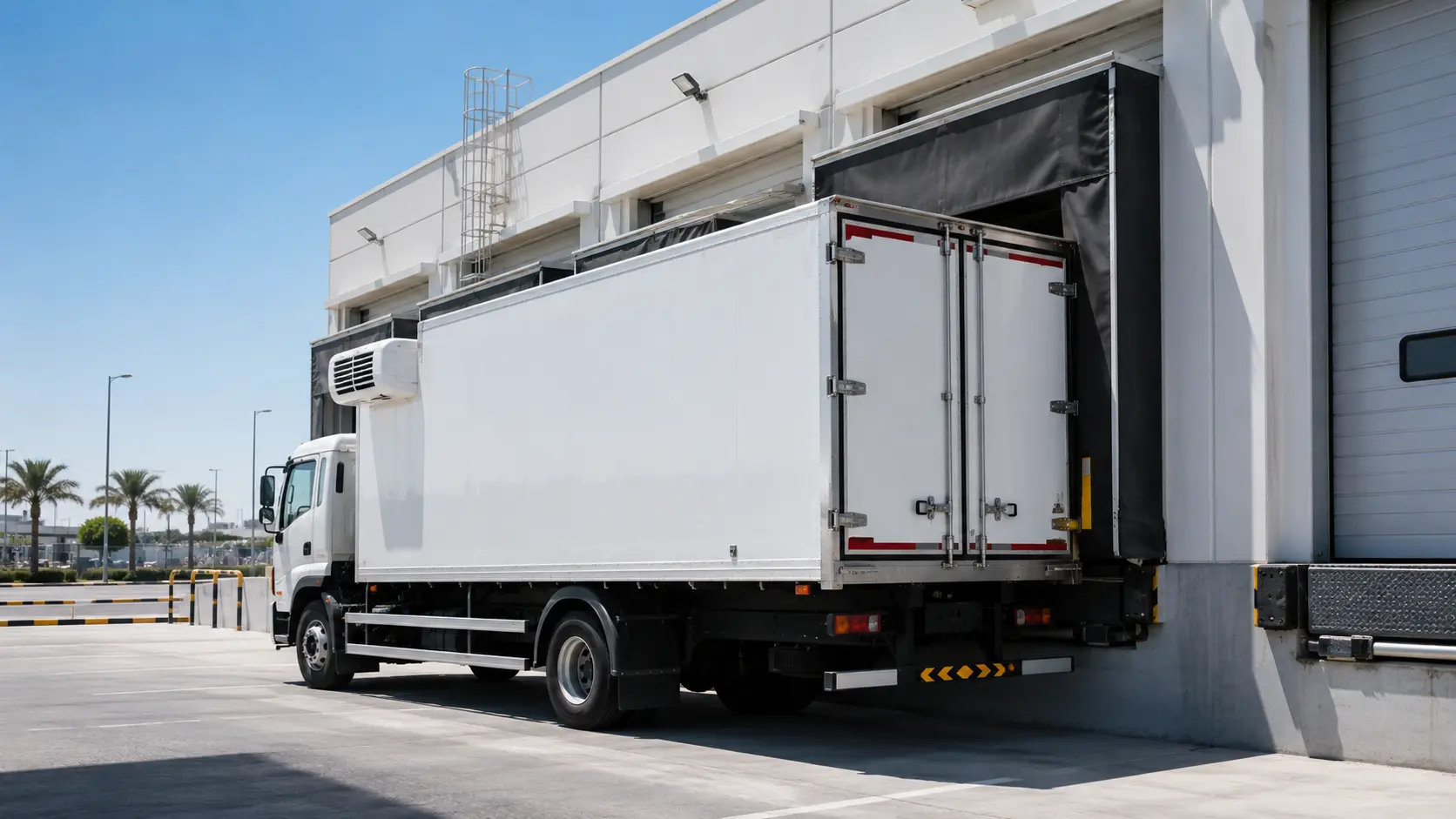 White refrigerated chiller truck parked at a cold storage warehouse loading dock in KIZAD industrial zone Abu Dhabi
