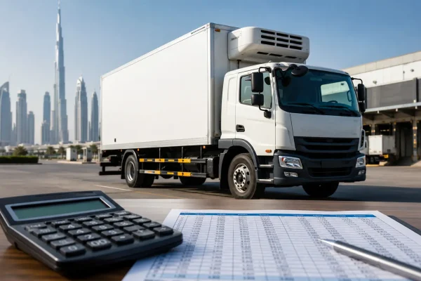 White refrigerated chiller truck parked at a Dubai logistics yard beside a calculator and financial documents representing a rent versus buy cost analysis