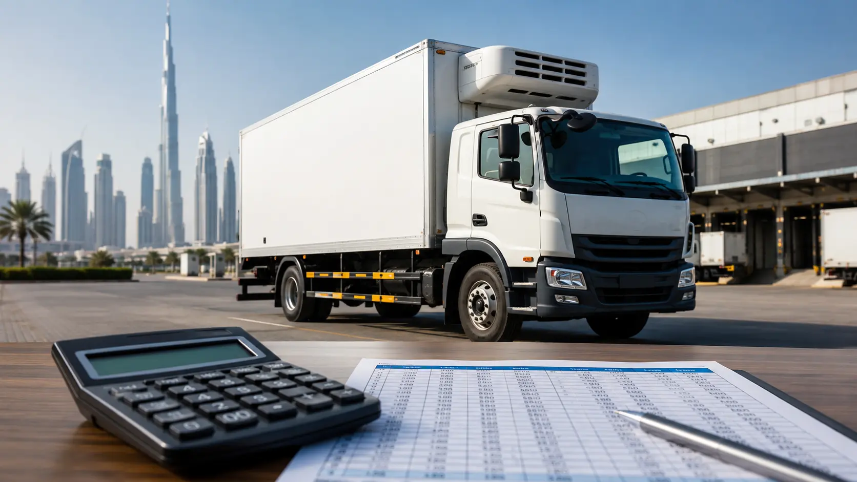 White refrigerated chiller truck parked at a Dubai logistics yard beside a calculator and financial documents representing a rent versus buy cost analysis