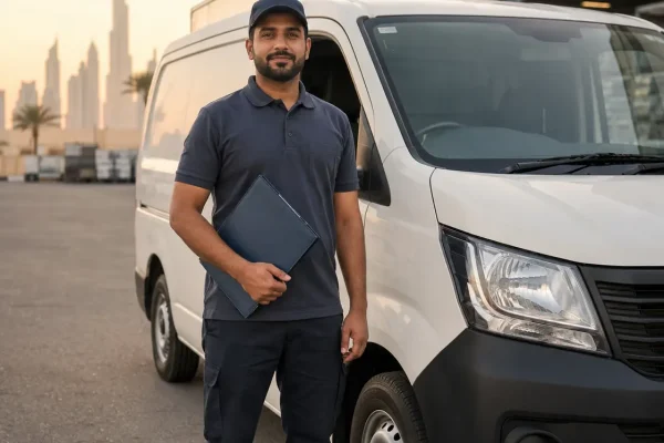 EFST-certified delivery driver in uniform standing beside a white refrigerated chiller van at a UAE logistics yard holding a food safety training certificate