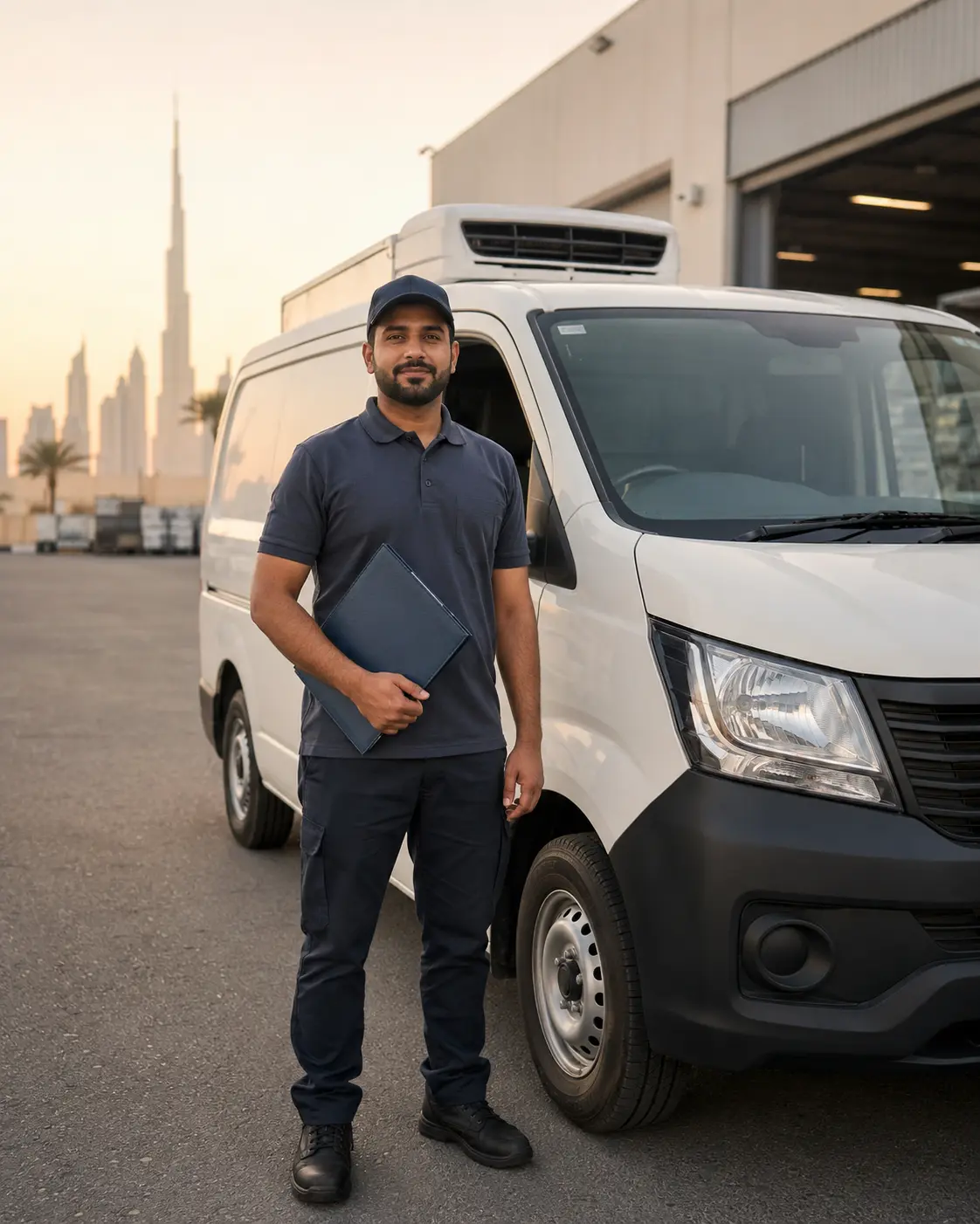 EFST-certified delivery driver in uniform standing beside a white refrigerated chiller van at a UAE logistics yard holding a food safety training certificate