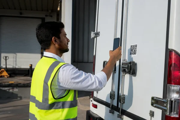 Warehouse receiving clerk scanning a chiller van's FoodWatch QR code sticker with a smartphone at a Dubai supermarket loading dock for supplier approval