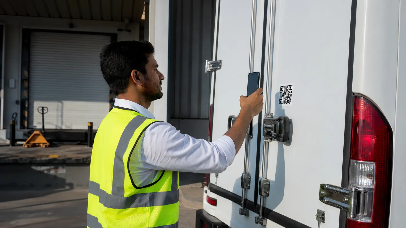 Warehouse receiving clerk scanning a chiller van's FoodWatch QR code sticker with a smartphone at a Dubai supermarket loading dock for supplier approval