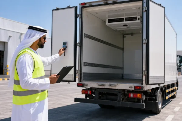 Compliance inspector reviewing a digital temperature log on the open rear doors of a chiller truck at a Dubai logistics yard during a cold chain safety audit