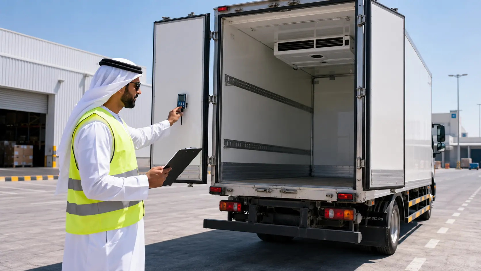 Compliance inspector reviewing a digital temperature log on the open rear doors of a chiller truck at a Dubai logistics yard during a cold chain safety audit